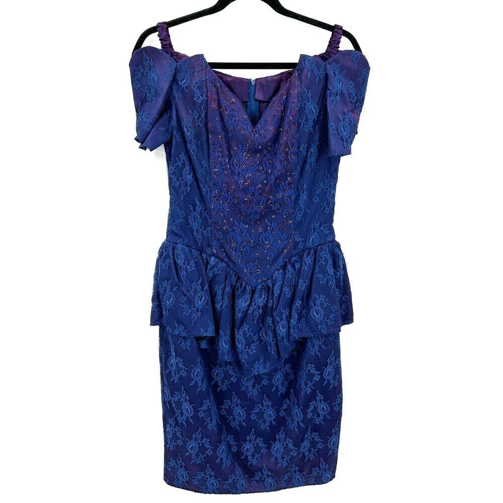 Gunne Sax Jessica Mcclintock Vintage Blue Purple Lace Peplum Waist Dress 9 / 10